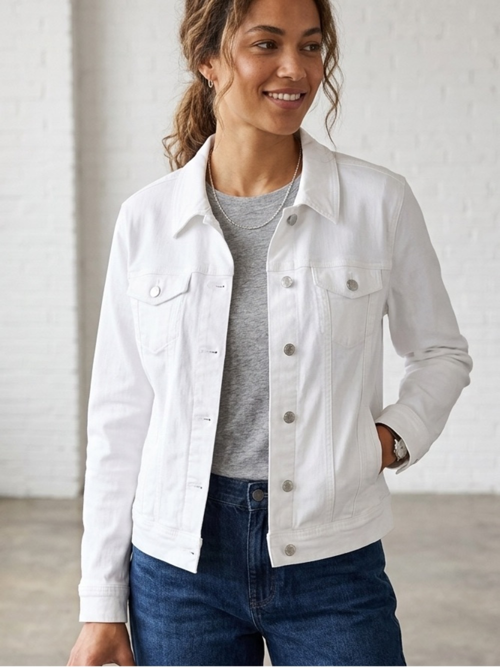 Jones New York White Denim Classic Button-Front Jean Jacket Large Petite - 638